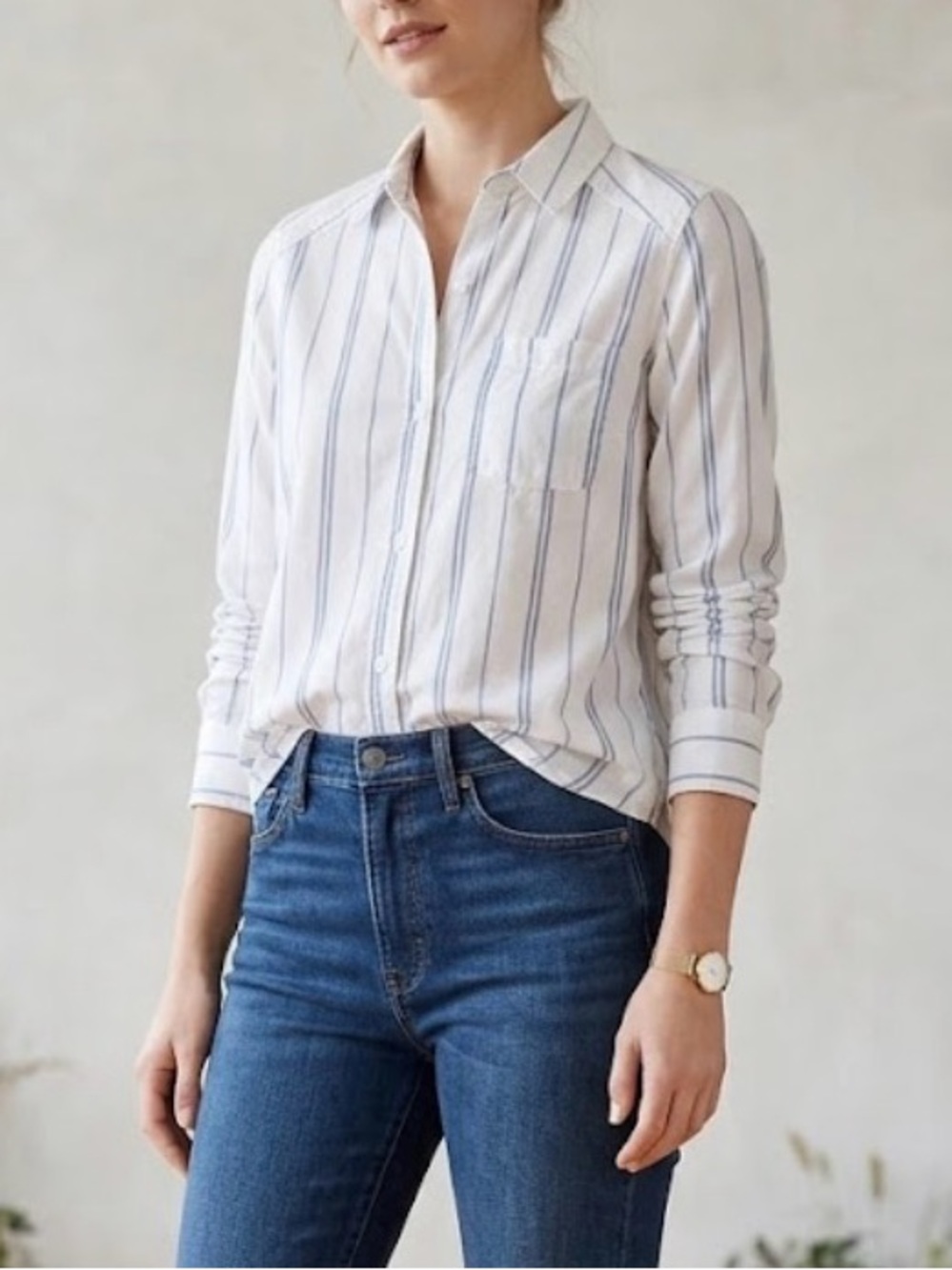 bp White Button-Down Shirt with Light Blue Stripes